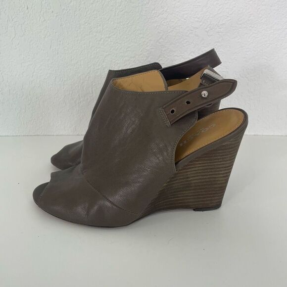 Coach Grey Leather High Heel Wedge Peep Toe Sandals - Picture 1 of 9